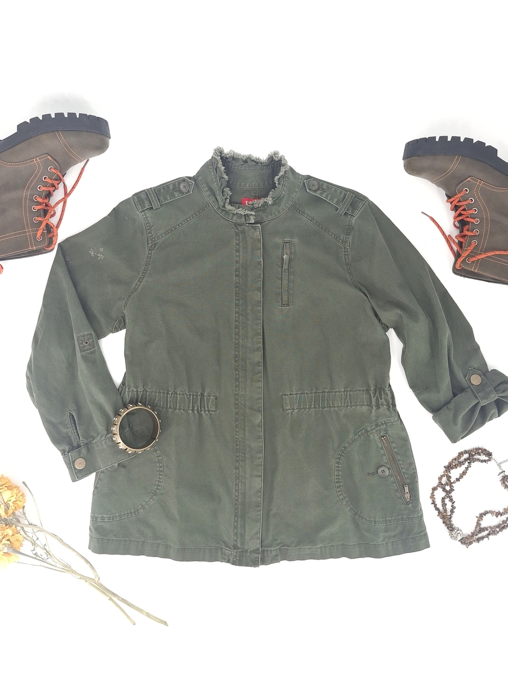 ✨ELLE Olive Green Military Utility Jacket Frayed Collar Size L✨